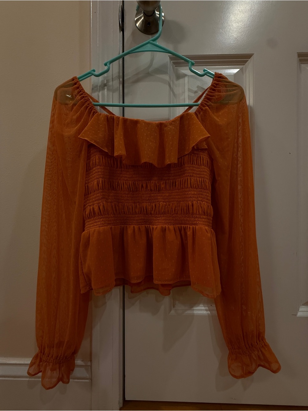 LC Lauren Conrad Orange Off-Shoulder Ruffle Smocked Blouse